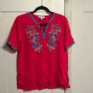 Pioneer Woman red short sleeve embroidered blouse size S